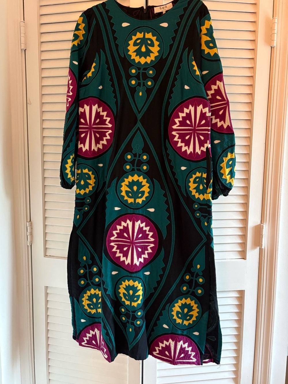 NWT Sea New York Black Midi Dress with Teal, Mustard & Purple Print, size XL